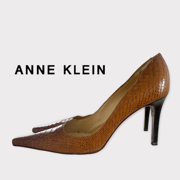 ANNE KLEIN NEW YORK BROWN SNAKESKIN / LEATHER HEELS PUMPS